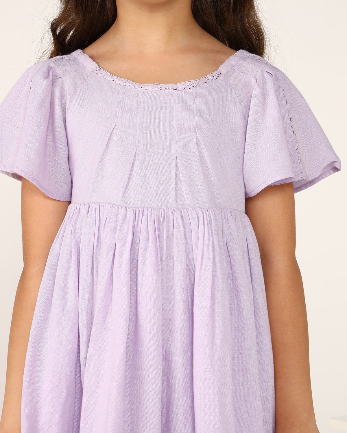 Girls Lavender Solid Fit & Flare Dress with Smocked Sleeves