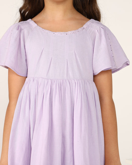 Girls Lavender Solid Fit & Flare Dress with Smocked Sleeves