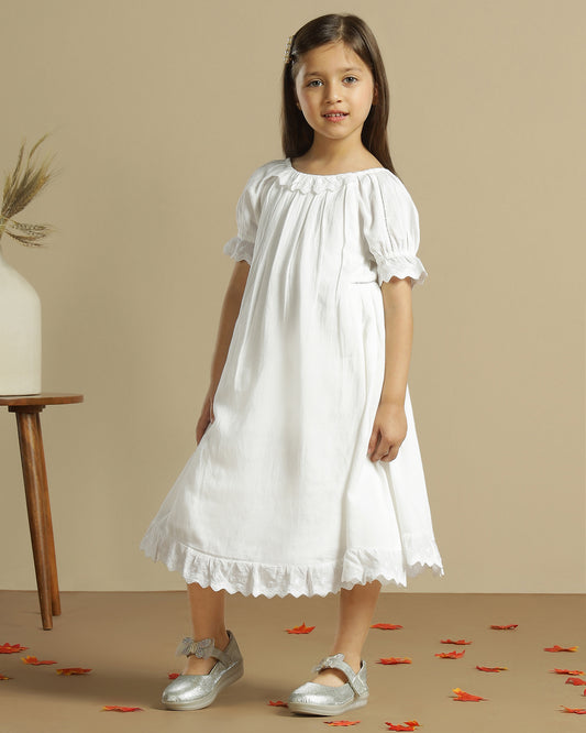 Girls White Embroidered Puff Sleeve A-Line Dress