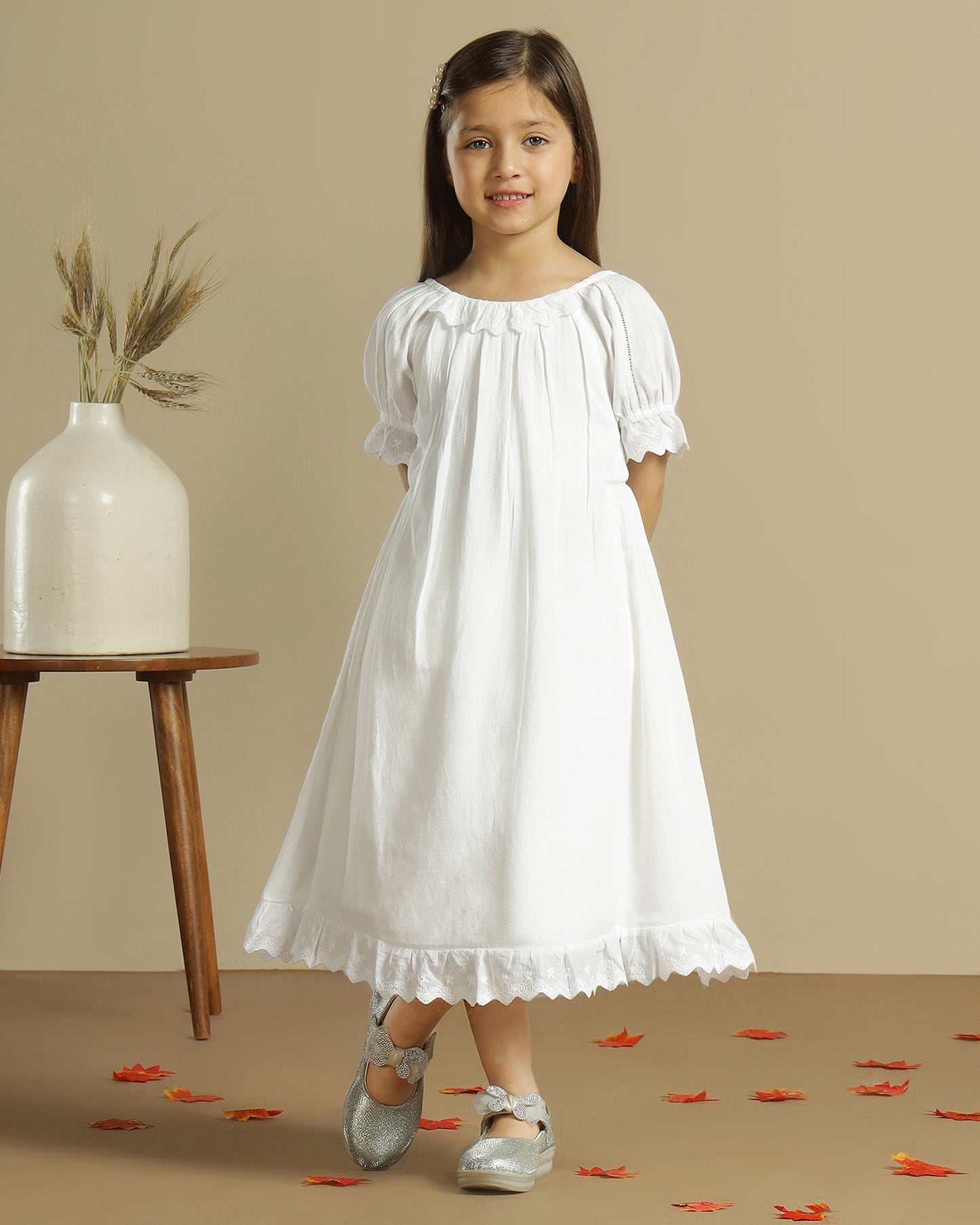 Girls White Embroidered Puff Sleeve A-Line Dress
