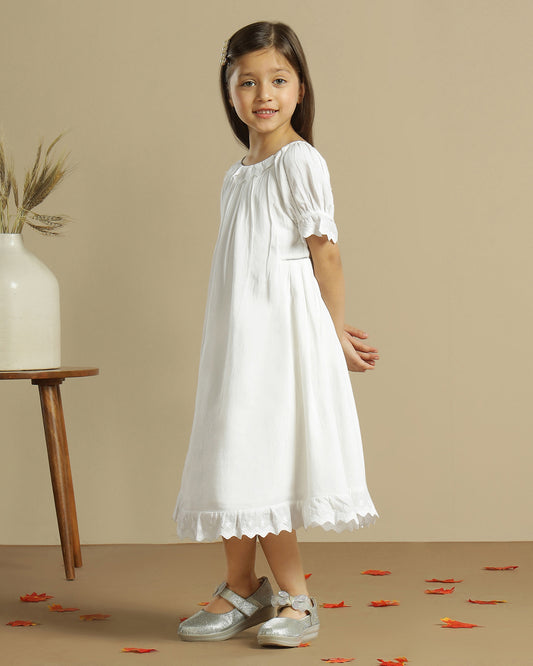 Girls White Embroidered Puff Sleeve A-Line Dress