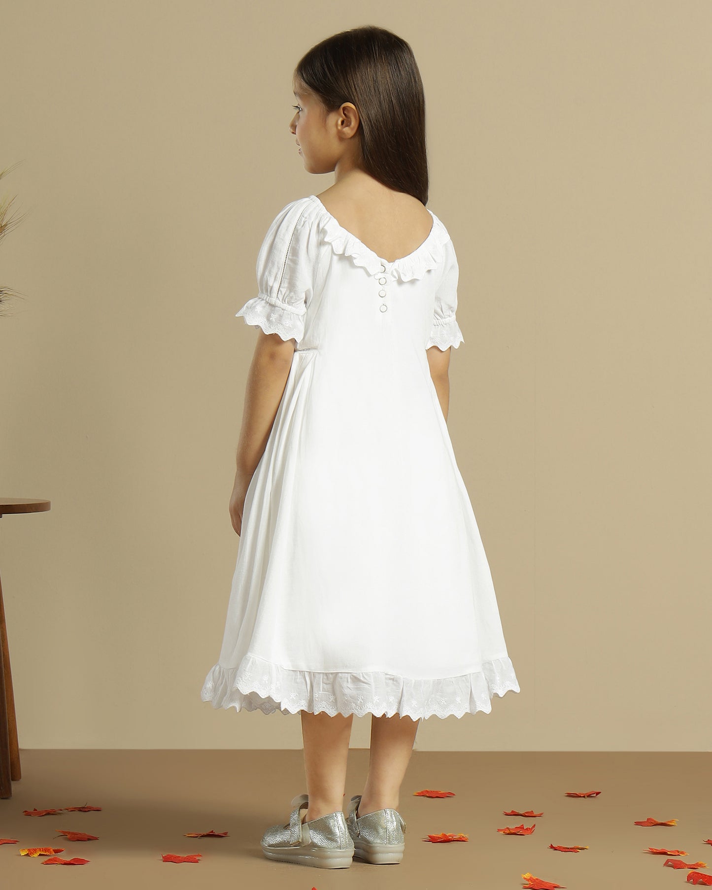 Girls White Embroidered Puff Sleeve A-Line Dress