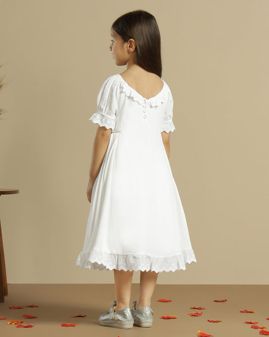 Girls White Embroidered Puff Sleeve A-Line Dress