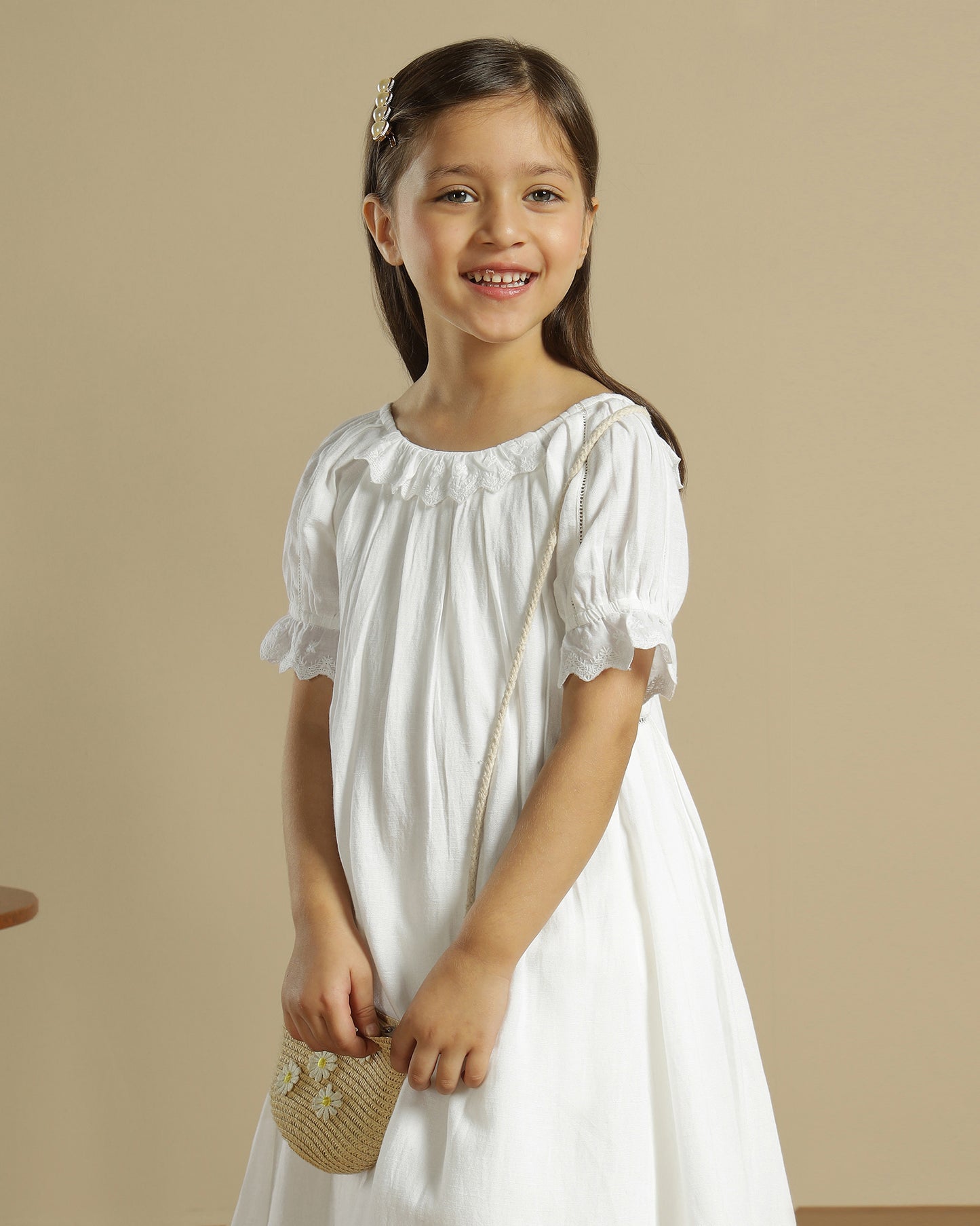 Girls White Embroidered Puff Sleeve A-Line Dress
