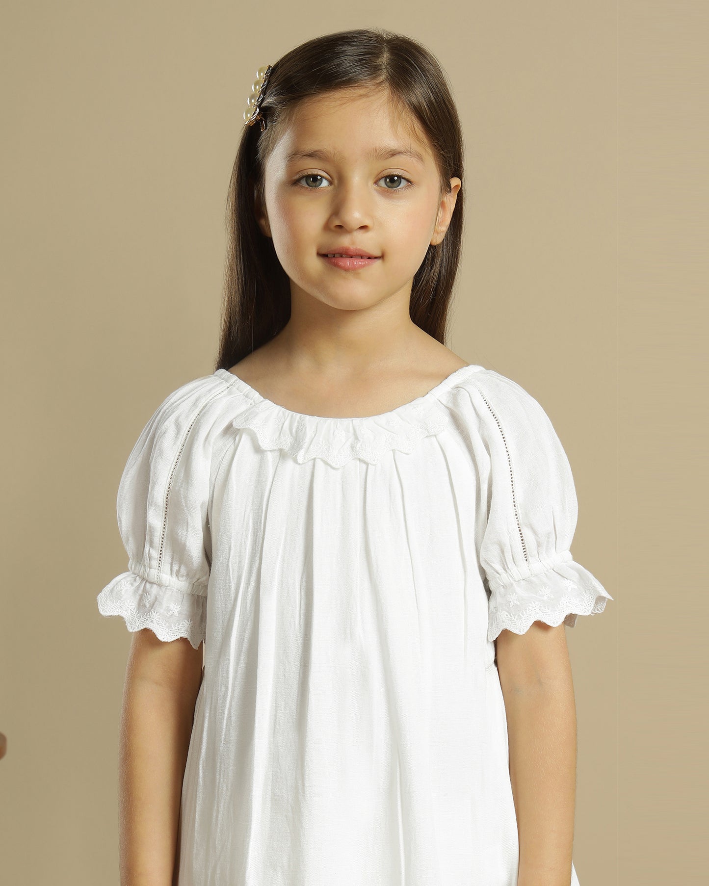 Girls White Embroidered Puff Sleeve A-Line Dress
