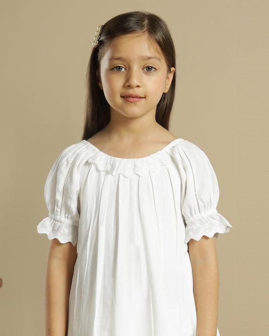 Girls White Embroidered Puff Sleeve A-Line Dress