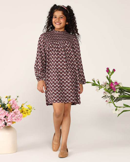 Girls Smocked Floral Printed Shift Dress