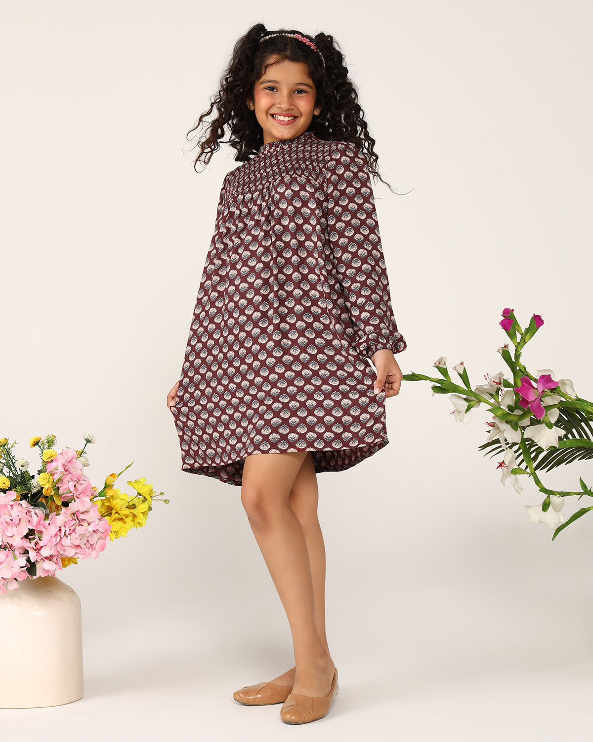 Girls Smocked Floral Printed Shift Dress