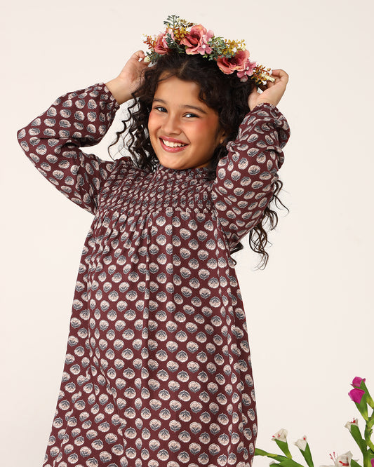 Girls Smocked Floral Printed Shift Dress