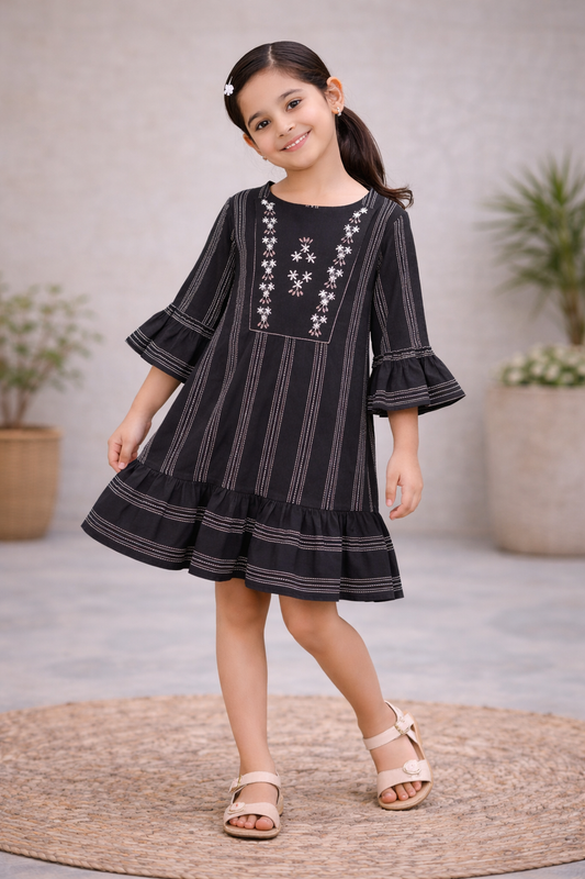 Girls Black Striped Embroidered Dress