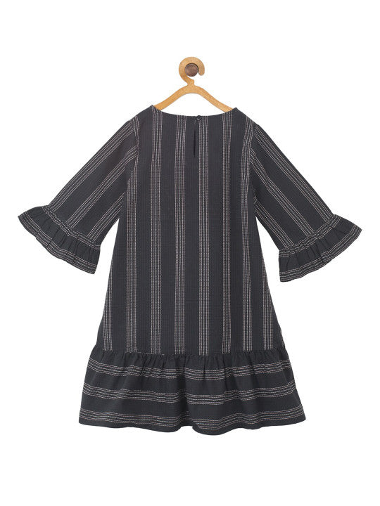 Girls Black Striped Embroidered Dress