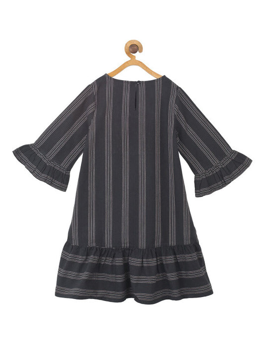 Girls Black Striped Embroidered Dress