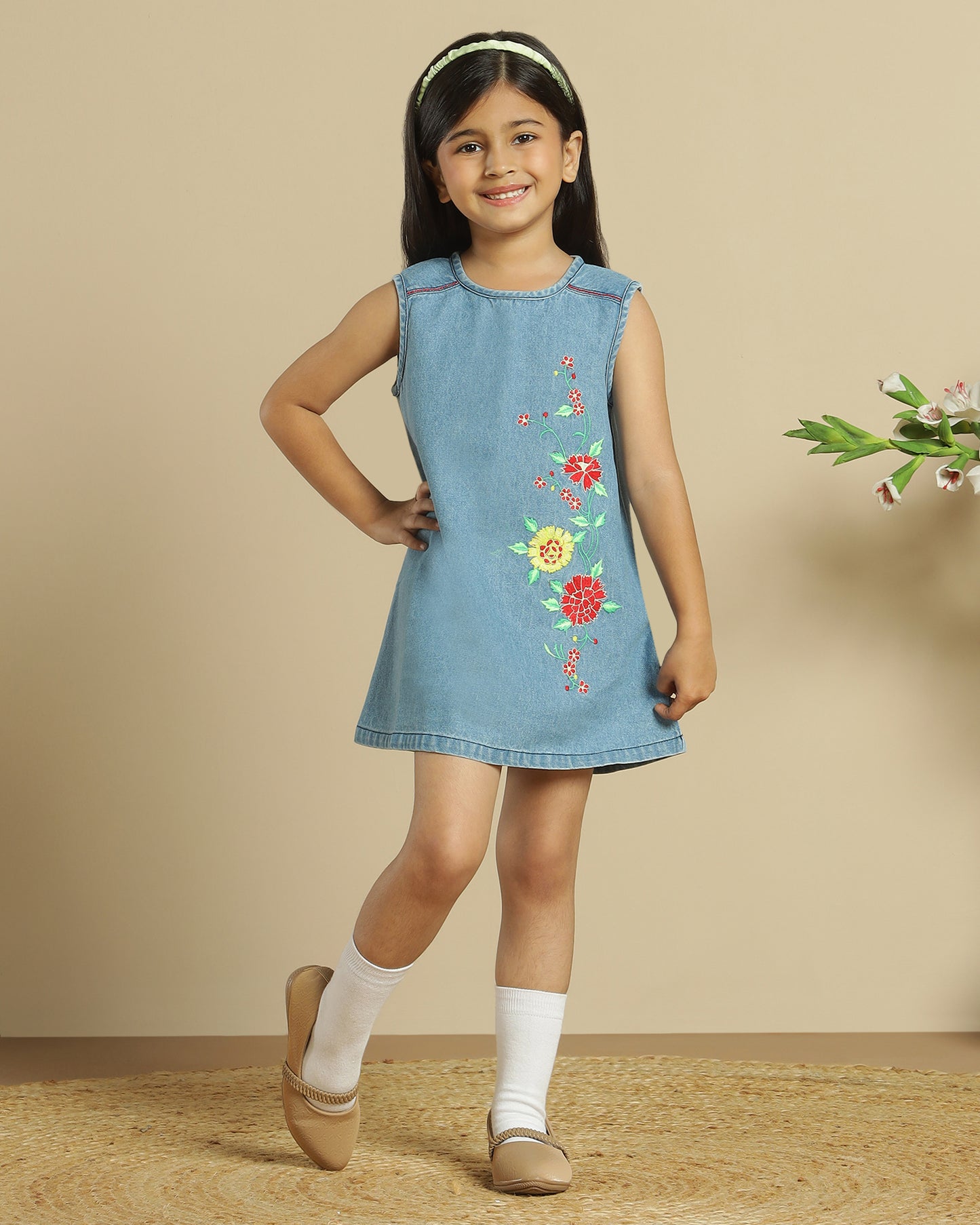 Girls Floral Embroidered A-Line Dress