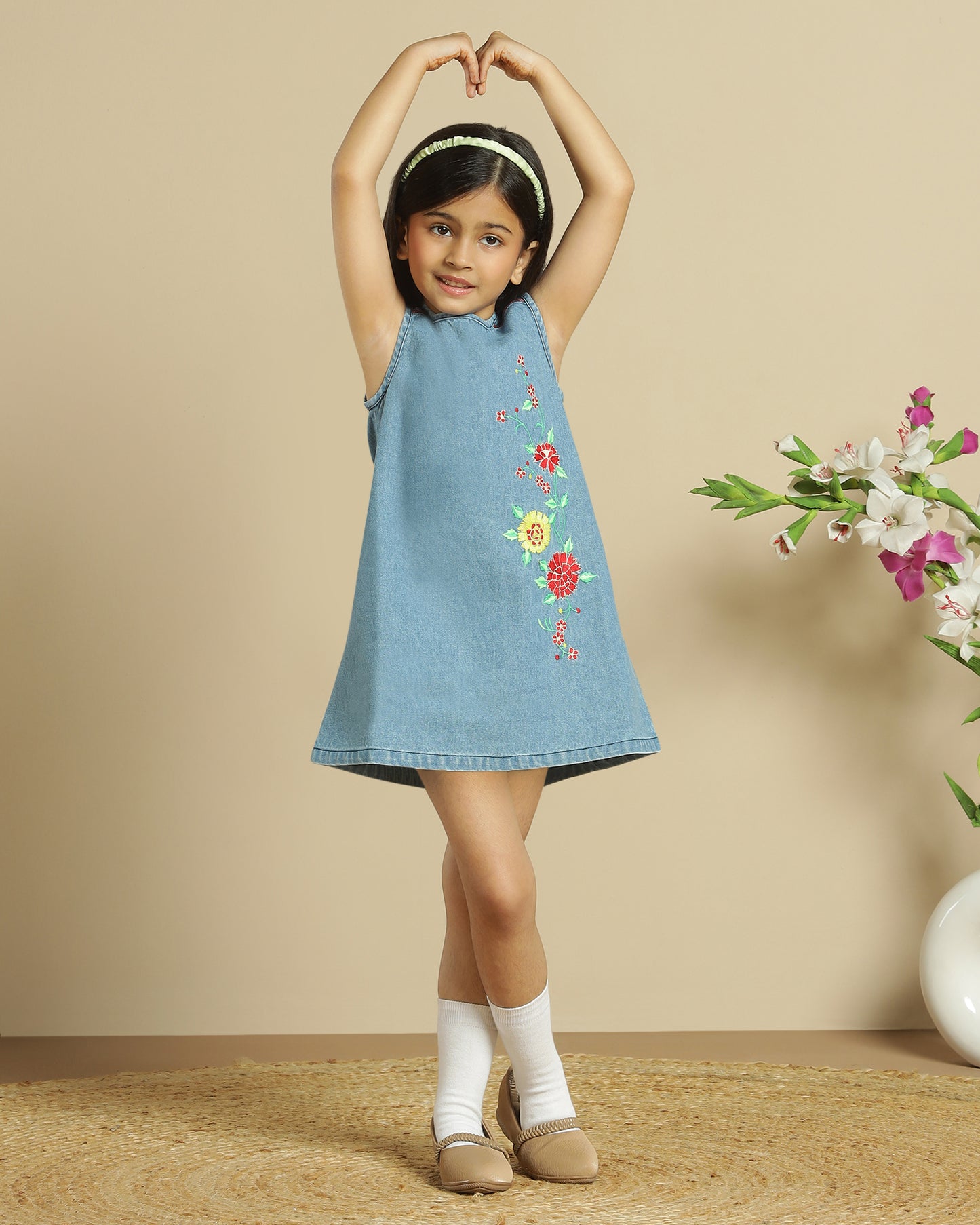 Girls Floral Embroidered A-Line Dress