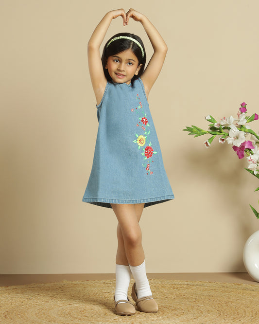 Girls Floral Embroidered A-Line Dress