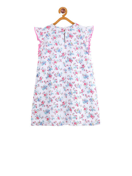 Girls White Floral Print Dress