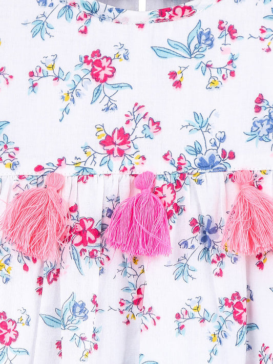 Girls White Floral Print Dress