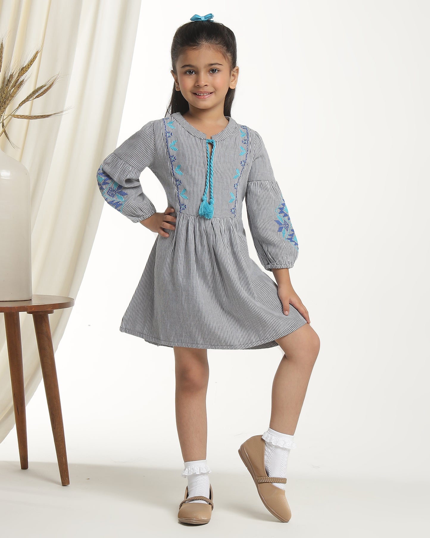 Girls Striped Embroidered Fit & Flare Dress