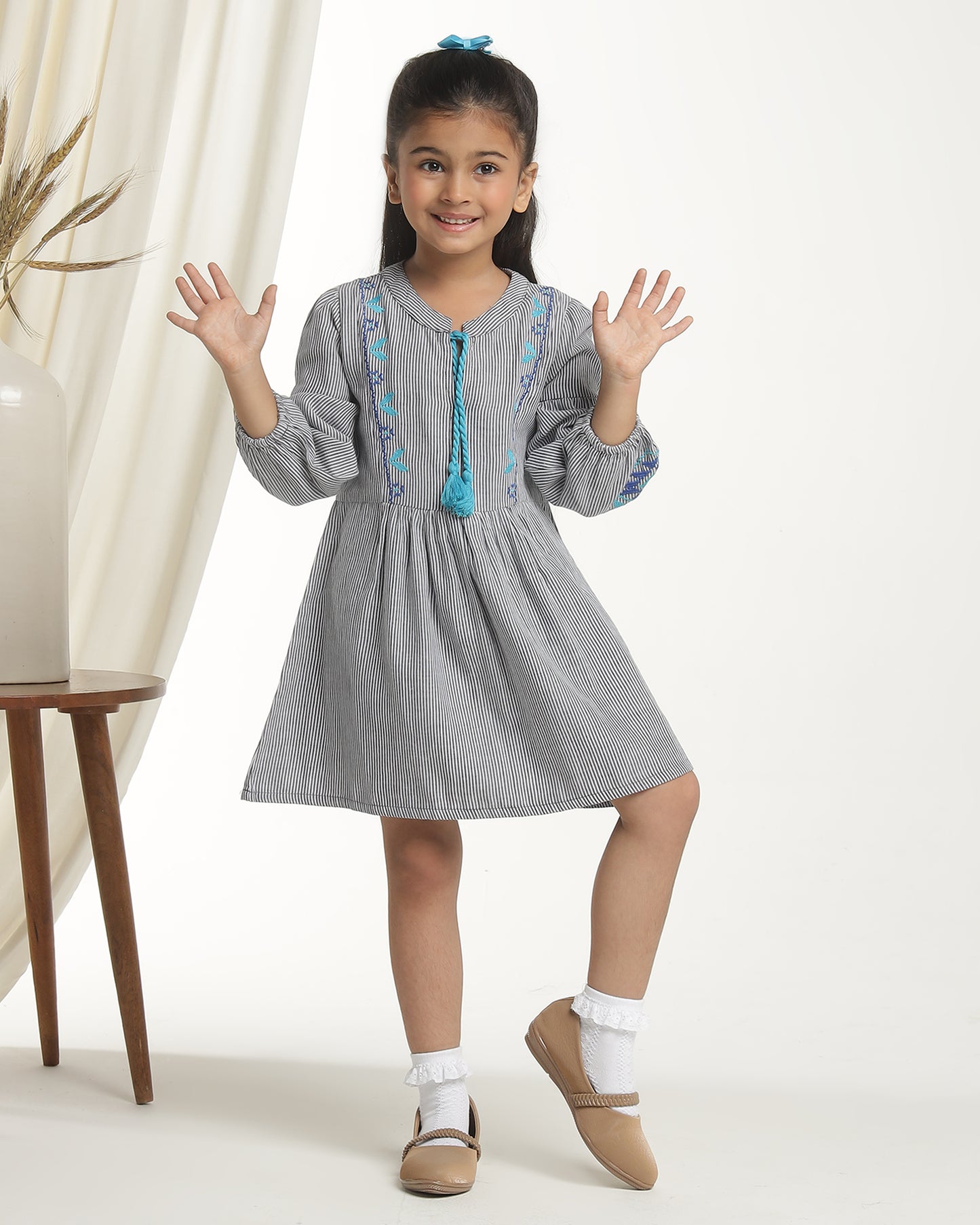 Girls Striped Embroidered Fit & Flare Dress