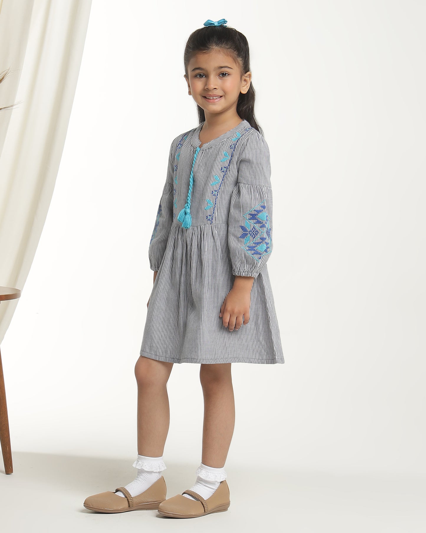 Girls Striped Embroidered Fit & Flare Dress