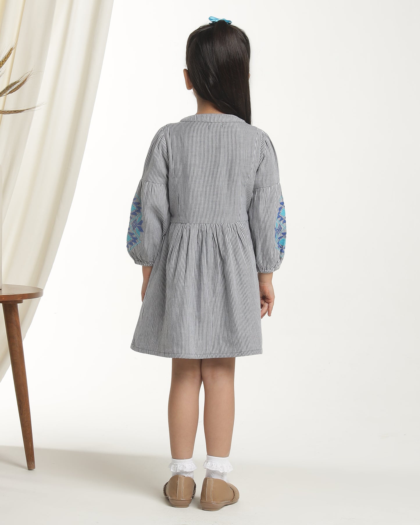 Girls Striped Embroidered Fit & Flare Dress