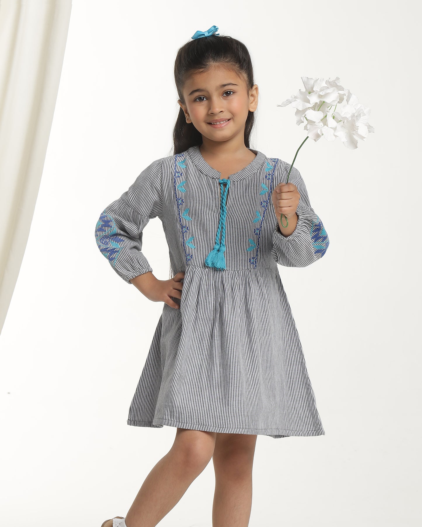 Girls Striped Embroidered Fit & Flare Dress