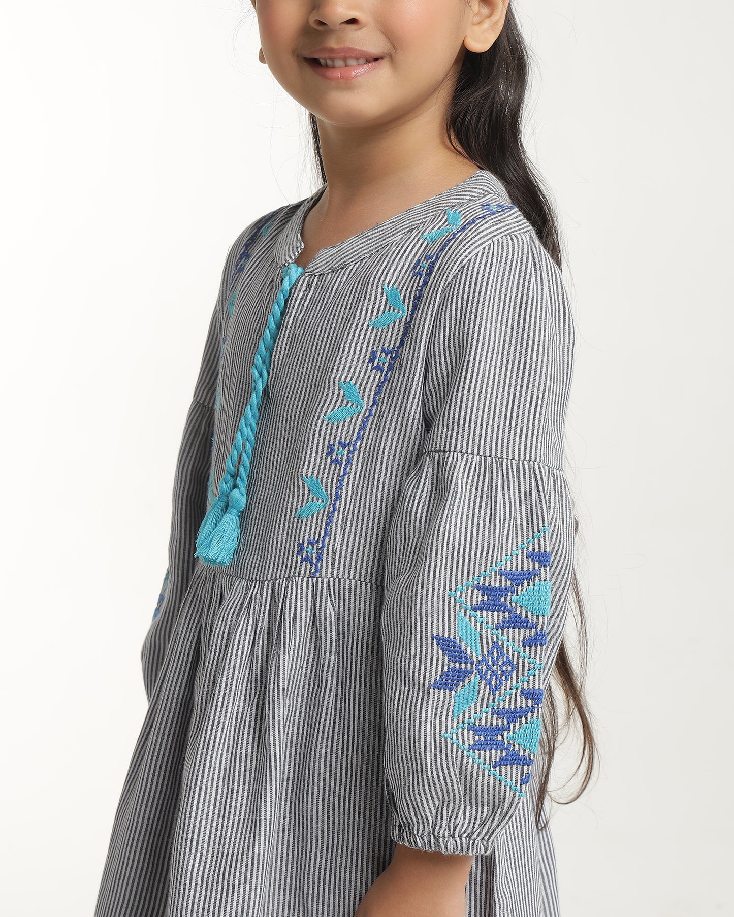 Girls Striped Embroidered Fit & Flare Dress