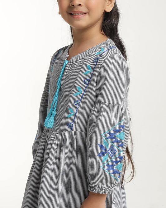 Girls Striped Embroidered Fit & Flare Dress