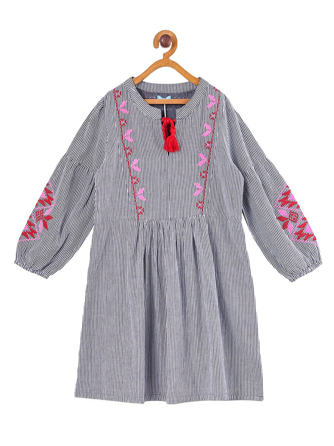 Girls Striped Embroidered Fit & Flare Dress