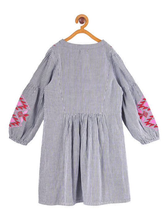 Girls Striped Embroidered Fit & Flare Dress