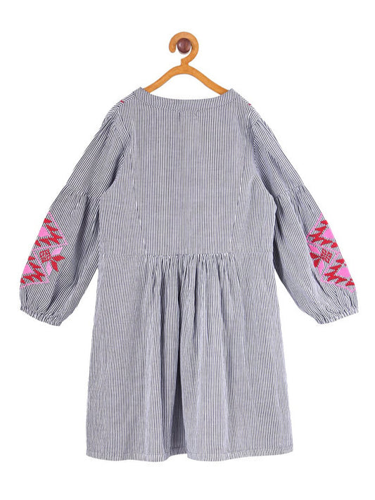 Girls Striped Embroidered Fit & Flare Dress