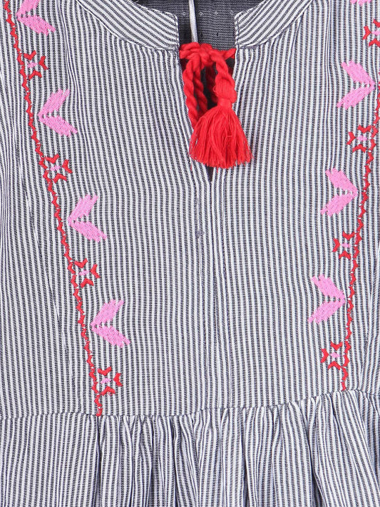Girls Striped Embroidered Fit & Flare Dress