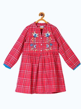 Girls Pink Checked Fit & Flare Dress