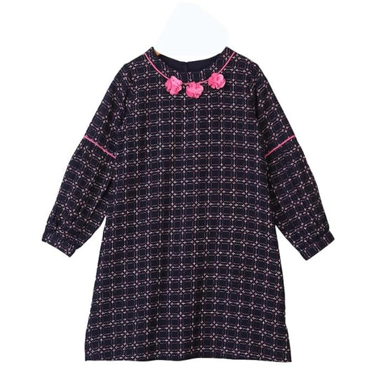 Girls Navy Blue Checked Flared Dress