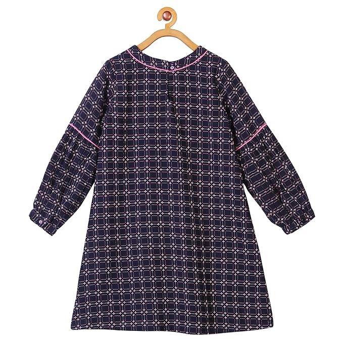 Girls Navy Blue Checked Flared Dress
