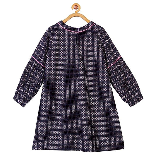 Girls Navy Blue Checked Flared Dress