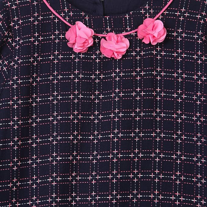 Girls Navy Blue Checked Flared Dress
