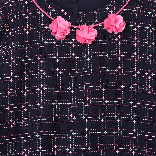 Girls Navy Blue Checked Flared Dress