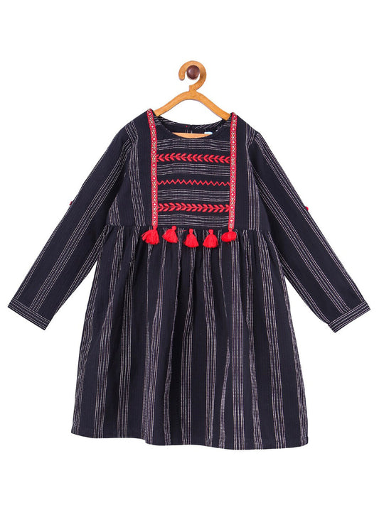 Girls Black Striped Embroidered Dress
