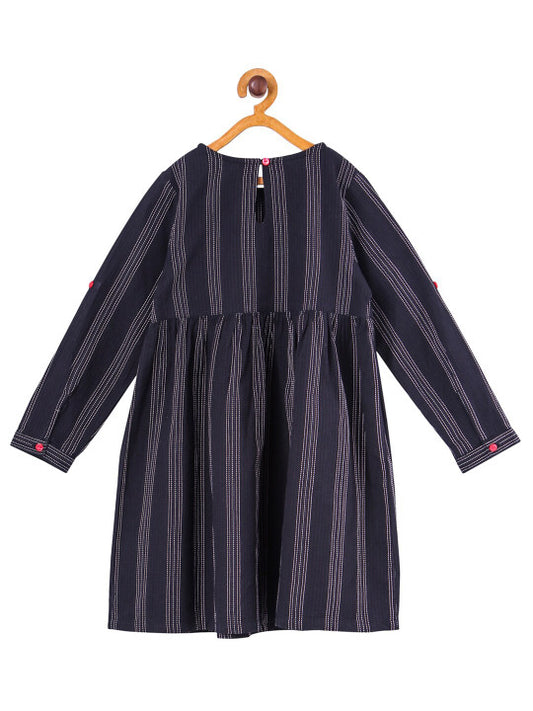 Girls Black Striped Embroidered Dress