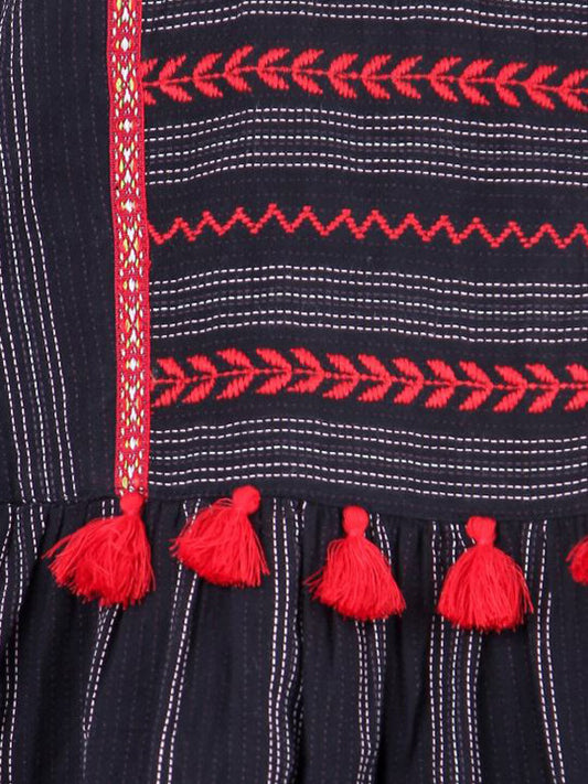 Girls Black Striped Embroidered Dress