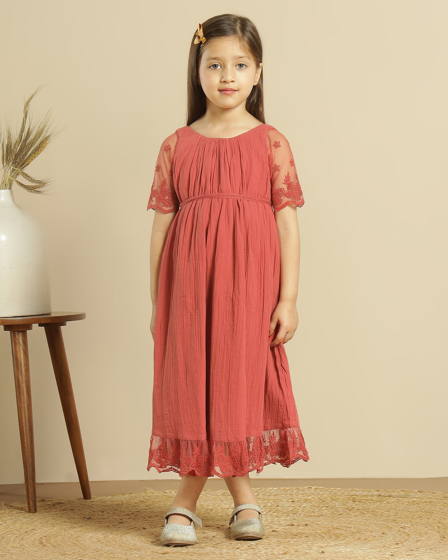 Girls Floral Lace Sleeve Maxi Dress
