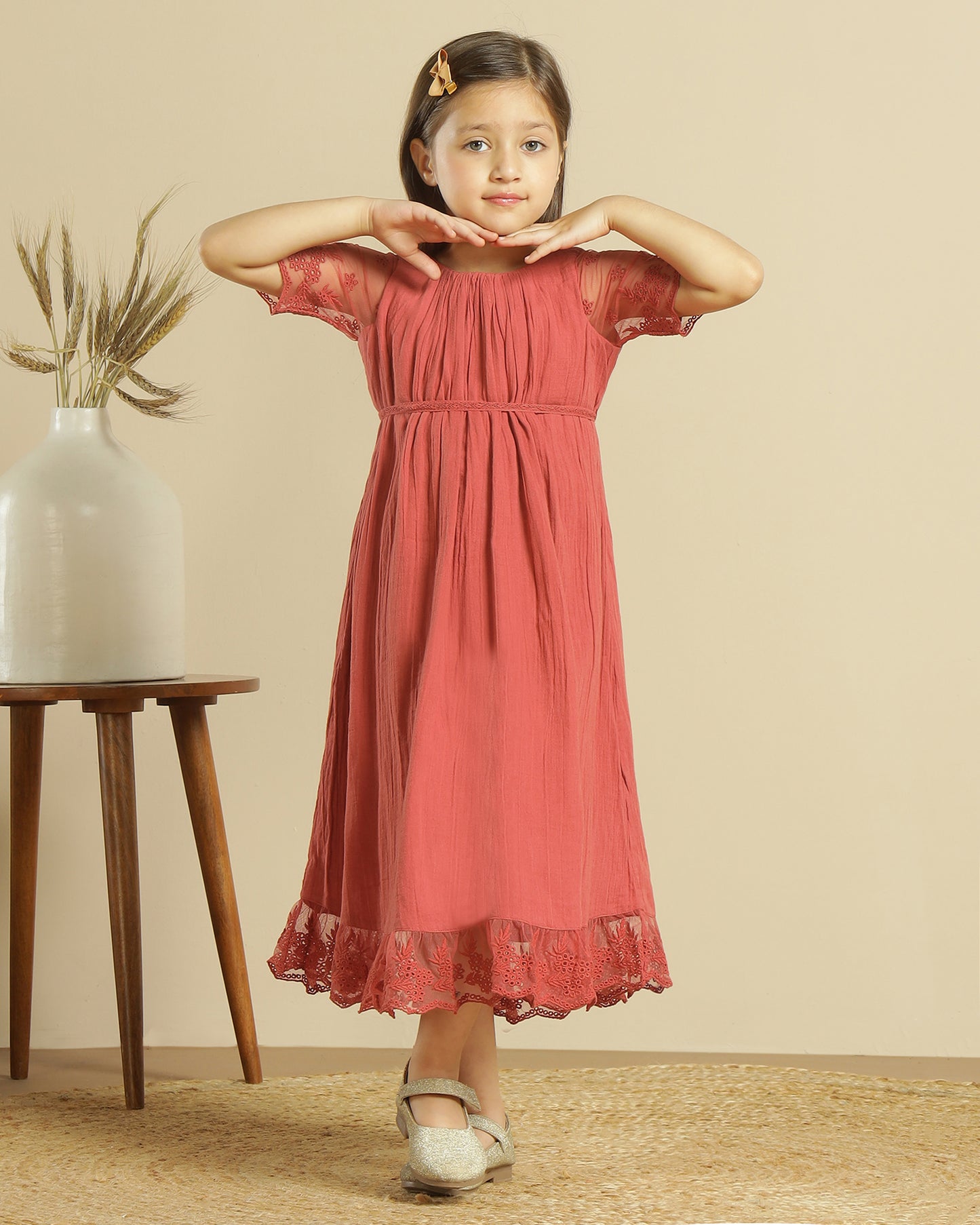 Girls Floral Lace Sleeve Maxi Dress
