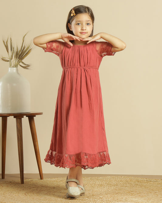 Girls Floral Lace Sleeve Maxi Dress
