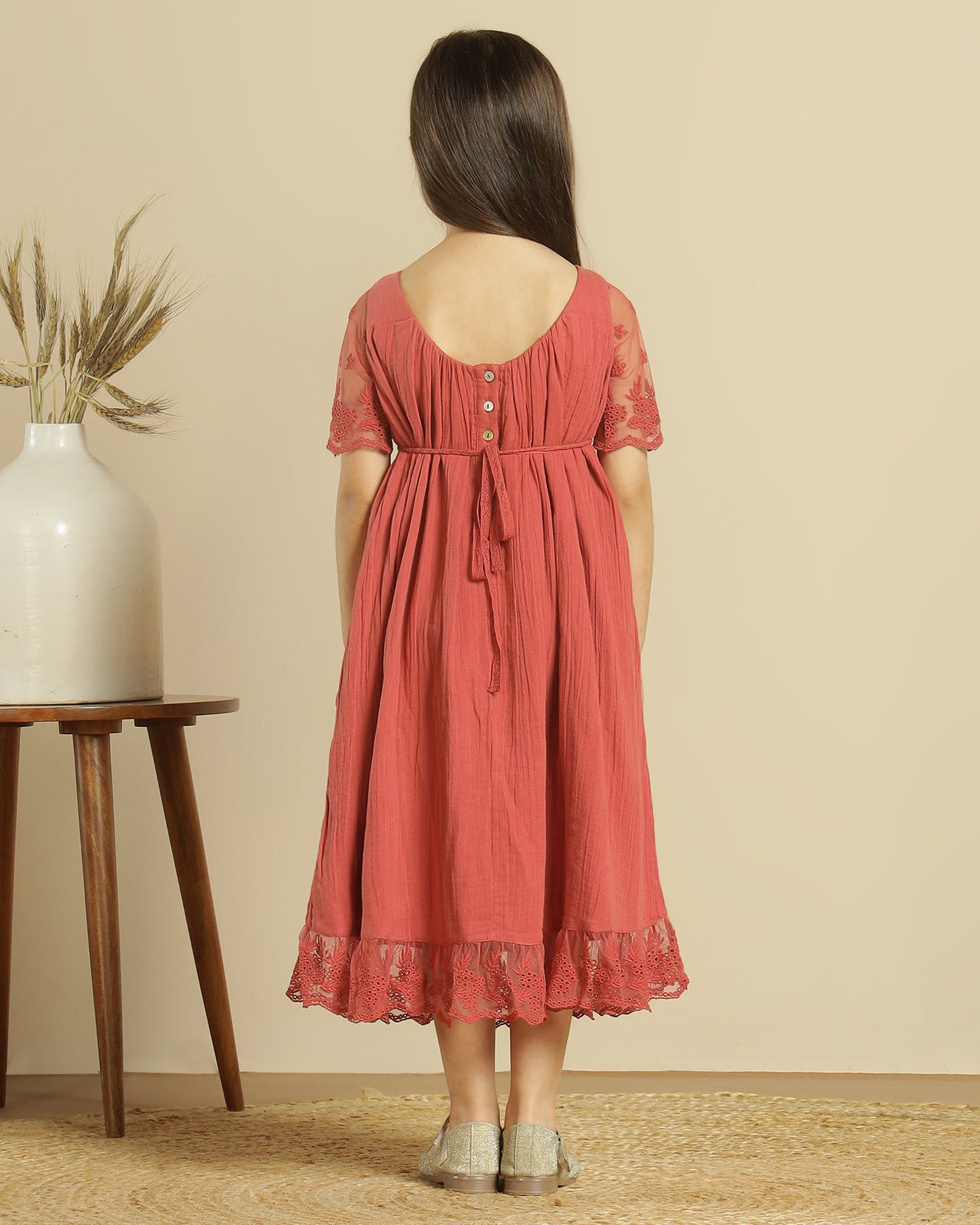 Girls Floral Lace Sleeve Maxi Dress