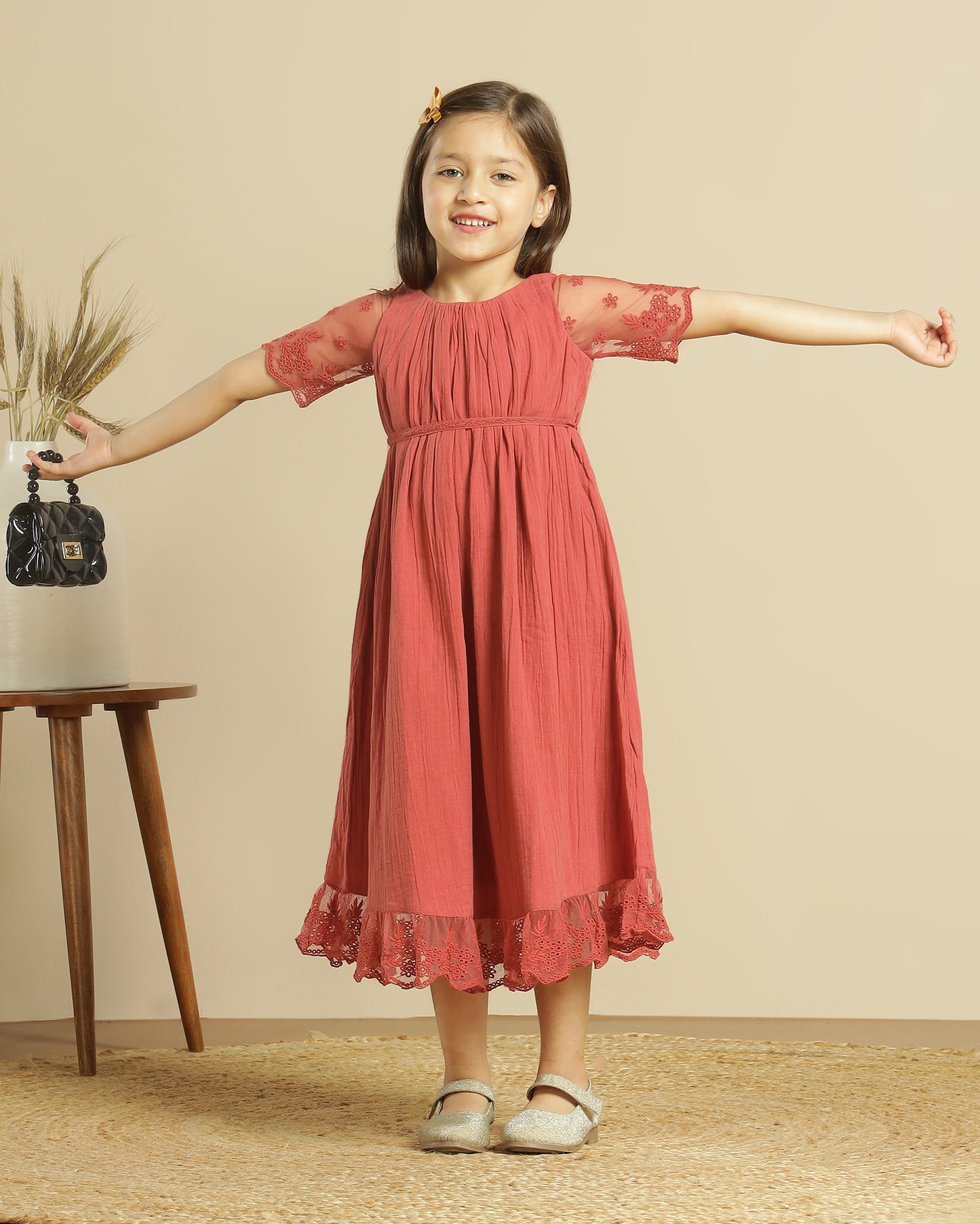 Girls Floral Lace Sleeve Maxi Dress