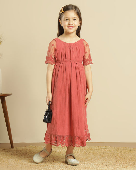 Girls Floral Lace Sleeve Maxi Dress