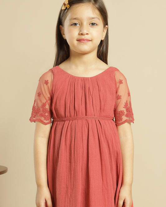 Girls Floral Lace Sleeve Maxi Dress