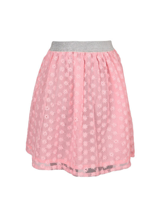 Girls Floral Embroidered Mesh Flared Mini Skirt