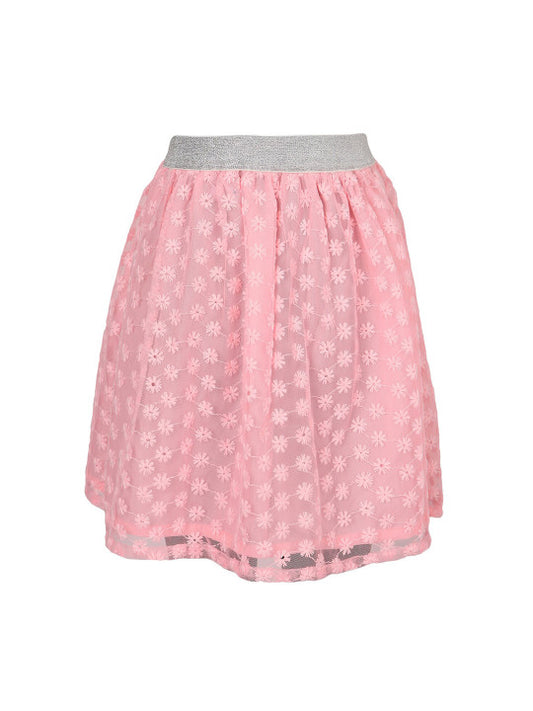 Girls Floral Embroidered Mesh Flared Mini Skirt